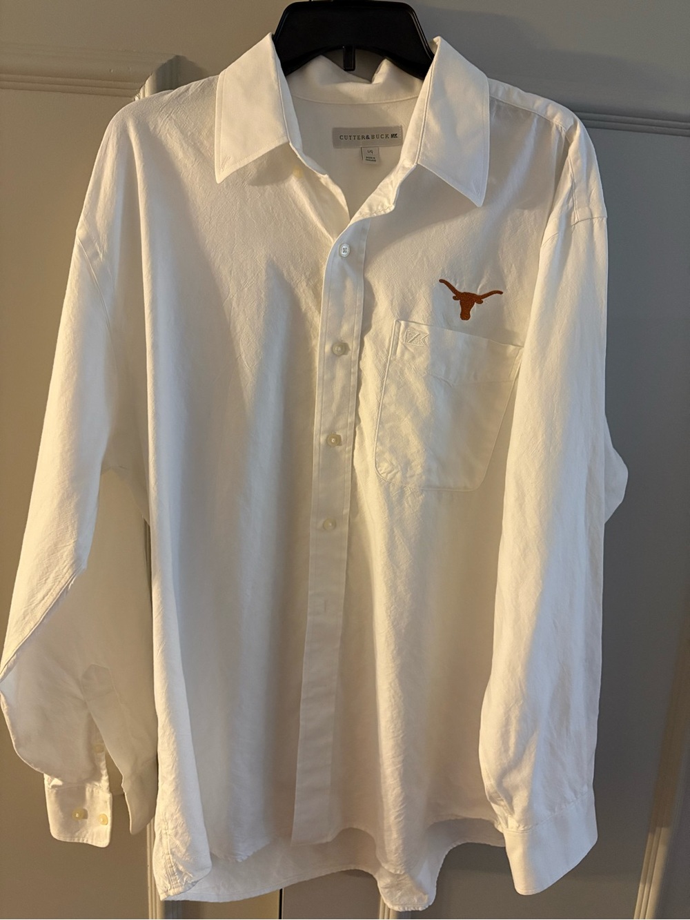 Cutter & Buck White Long Sleeve Dress Shirt with Burnt Orange Longhorn (UT)Logo